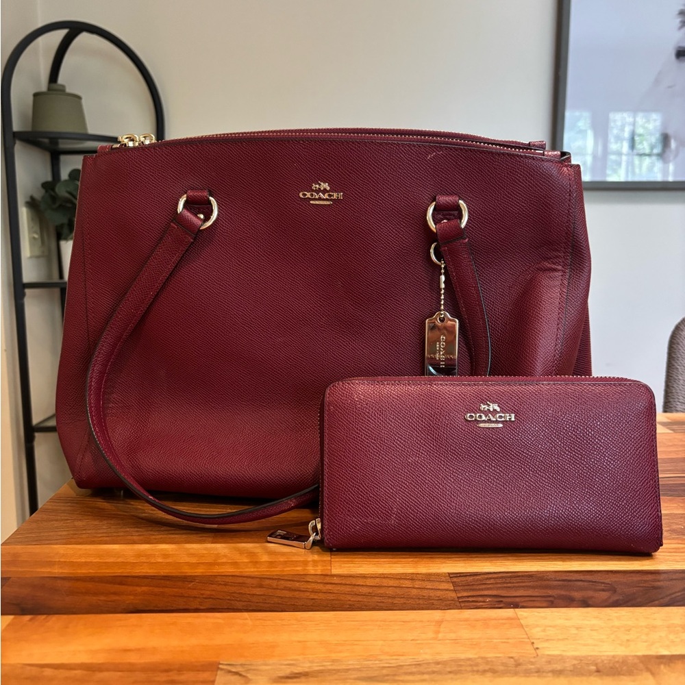 Coach Burgundy Leather Tote with Matching Wallet